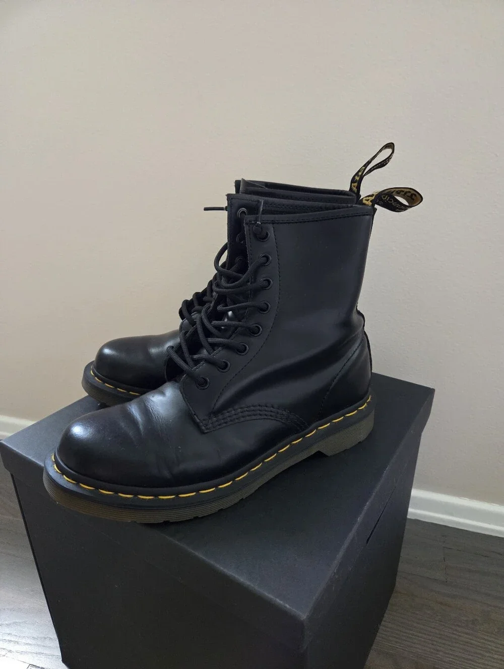 Dr. Martens Black Leather Lace-Up Combat Boots with Yellow Stitching - Picture 2 of 13